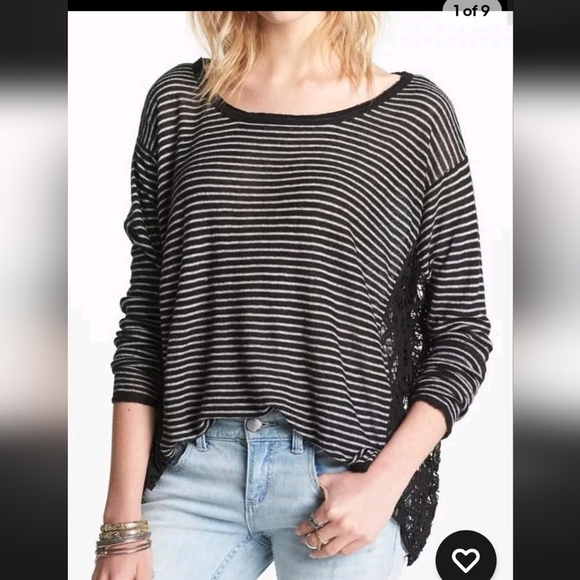 Free People Linen Blend Crochet Love Me Do Blouse Top Sz M Stripe Oversize - Picture 1 of 16